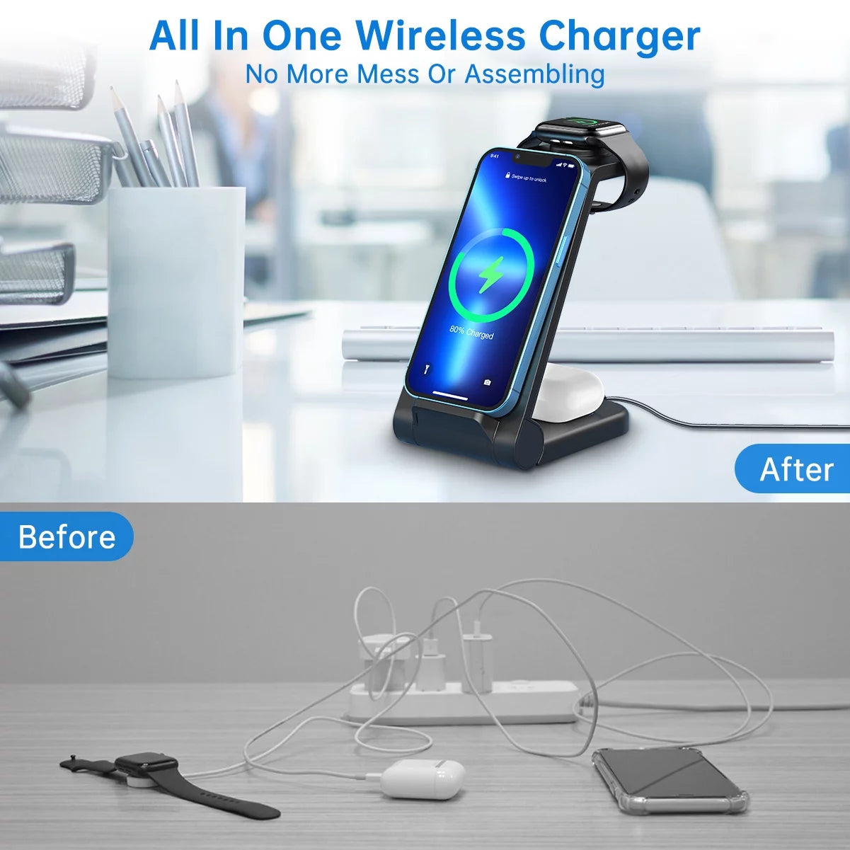 Wireless Charger, 23W 3 in 1 Fast Charging Dock,Charging Station for Iphone 16/15/14/13/12/11 Pro Max, Airpods 4/3/2/Pro, Iwatch Series 10/9/8/7/6/5/SE/4/3/2, Samsung Charger Stand (Black)
