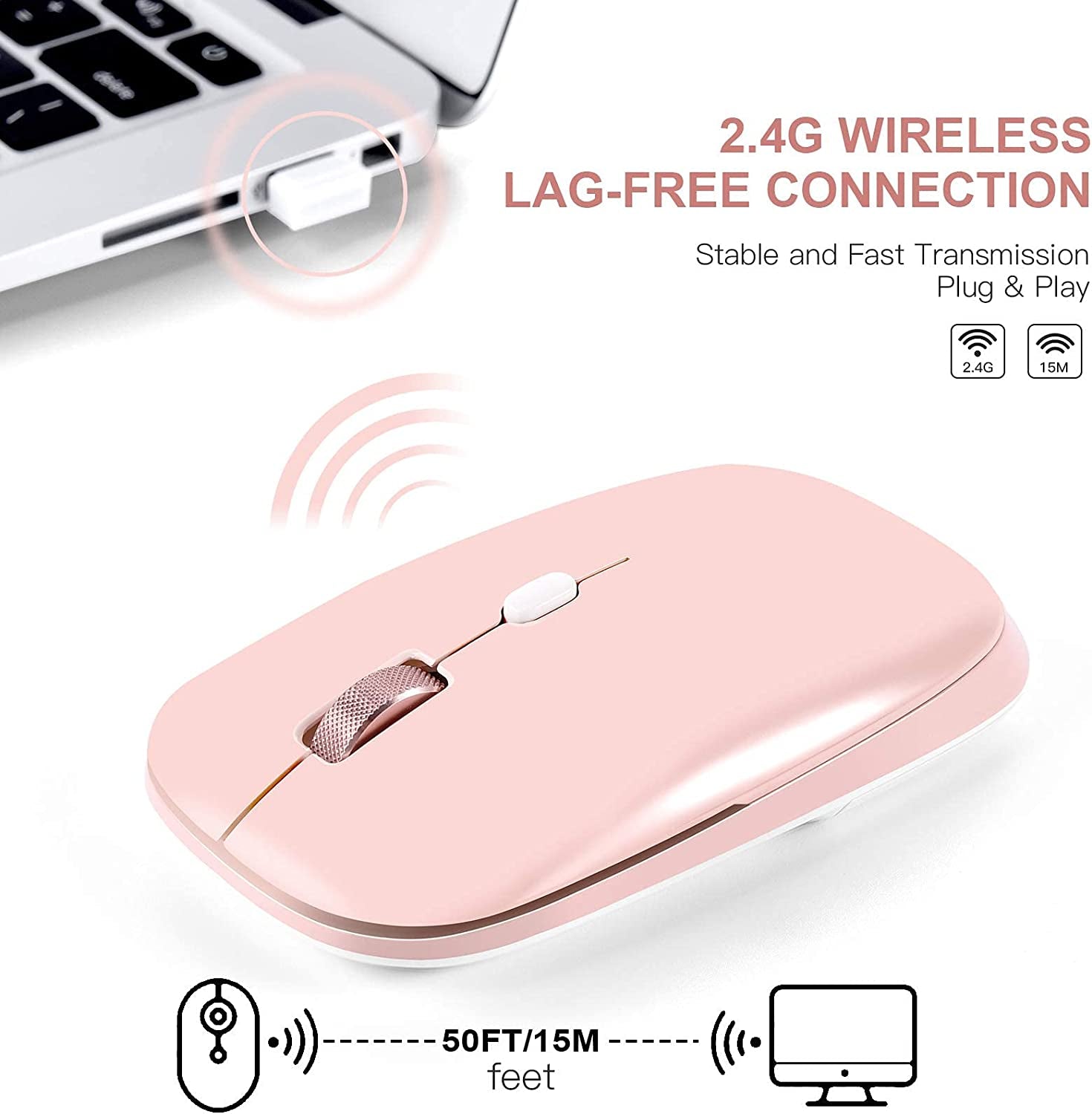Pink Wireless Mouse, Slim 2.4G Optical Mouse, Computer Mouse for Laptop, PC, Computer, Suitable for Macos, Chromebook, Notebook, Compact Portable Cordless Flat Mouse(Pink)