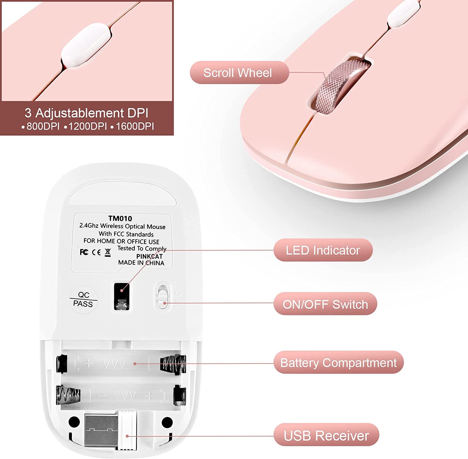 Pink Wireless Mouse, Slim 2.4G Optical Mouse, Computer Mouse for Laptop, PC, Computer, Suitable for Macos, Chromebook, Notebook, Compact Portable Cordless Flat Mouse(Pink)