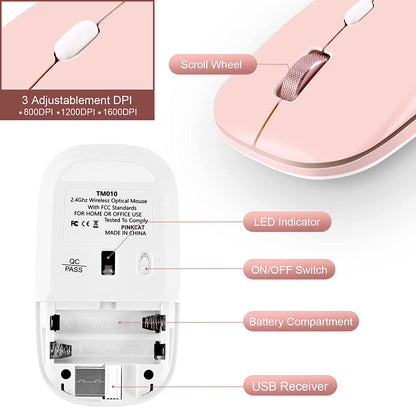 Pink Wireless Mouse, Slim 2.4G Optical Mouse, Computer Mouse for Laptop, PC, Computer, Suitable for Macos, Chromebook, Notebook, Compact Portable Cordless Flat Mouse(Pink)